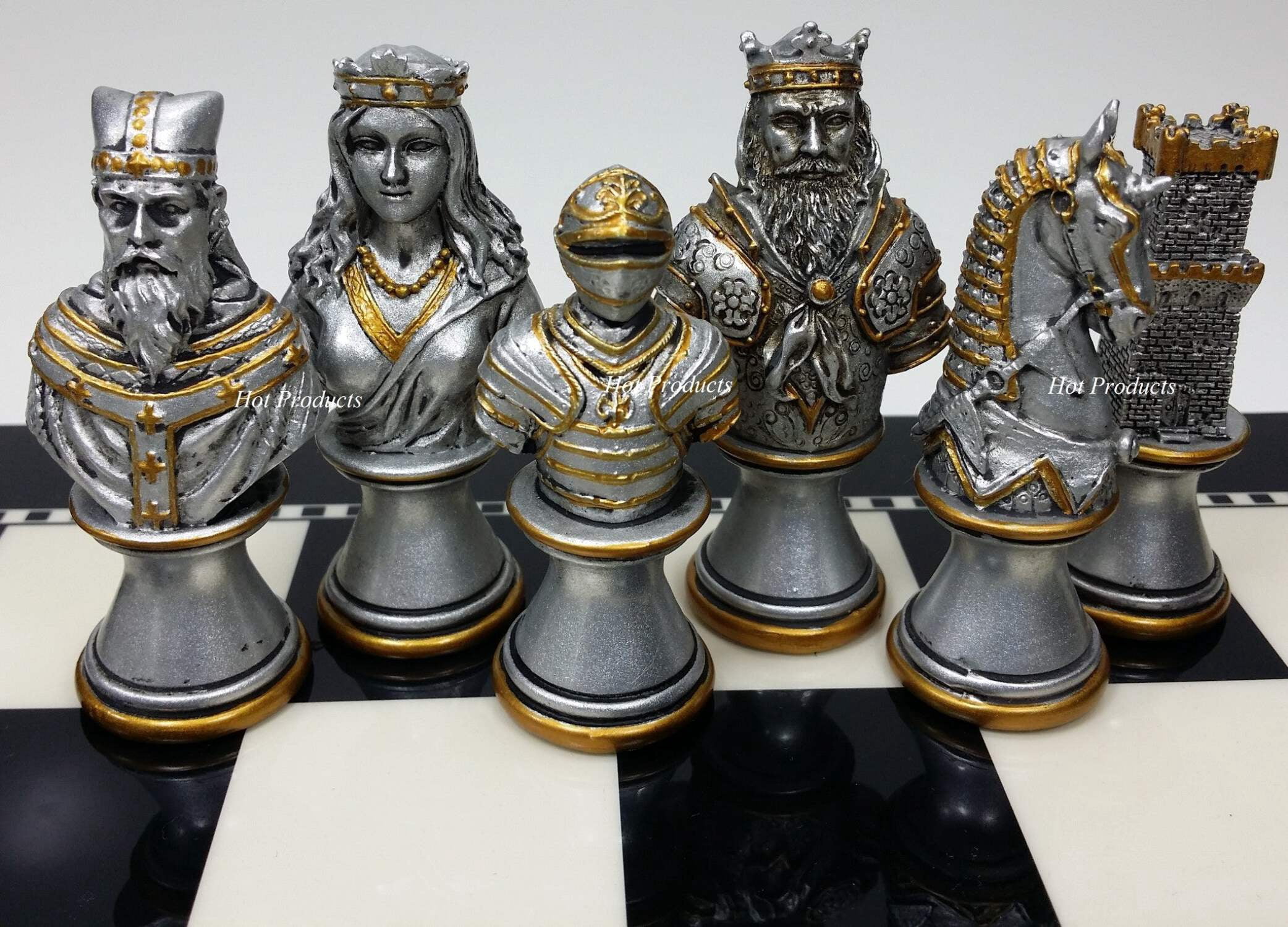 Medieval Times Crusades Gold  Silver Busts Chess Set W/ 15" Black  White Board