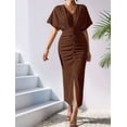 thumbnail image 4 of Womens Metallic Faux Wrap Cocktail Dress Solid Color V-Neck Pleated High Slit Short Sleeve Midi Dress Coffee Color L, 4 of 9