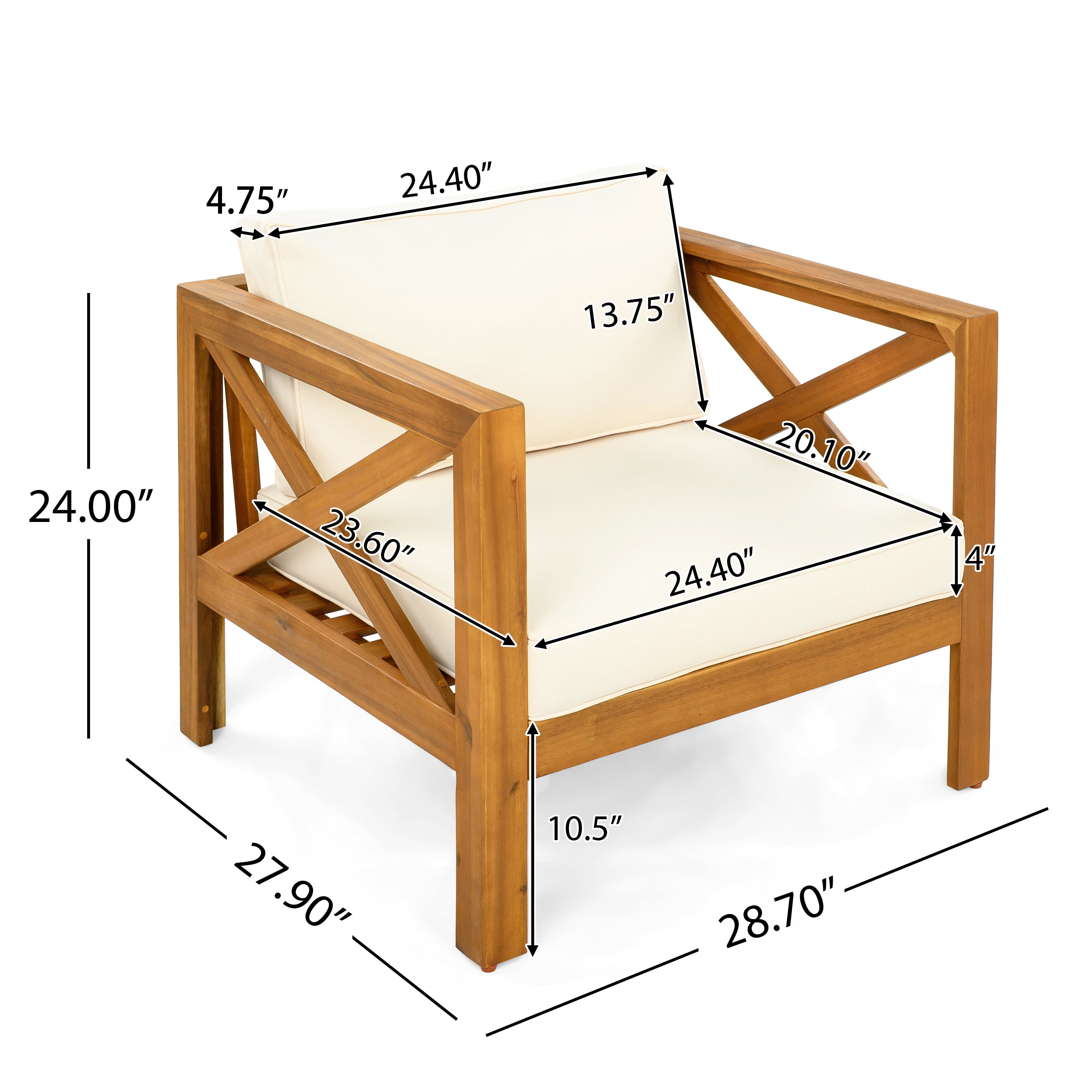 Wooden Armchair Set of 2, Outdoor Acacia Wood Club Chair with Cushions for Patio Garden, Teak and Beige
