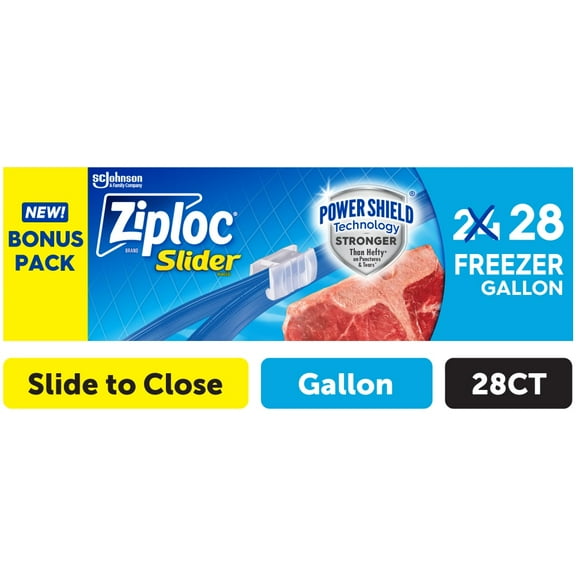 Ziploc Freezer Bags, Gallon Size Reusable Slider Bags, Power Shield Technology, 28 Count - Pack of 2