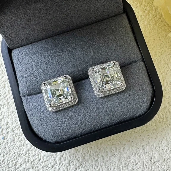 Women's Men's 5Ctw Asscher Cut Lab Created Diamond Halo Stud Earrings 14K White Gold Plated