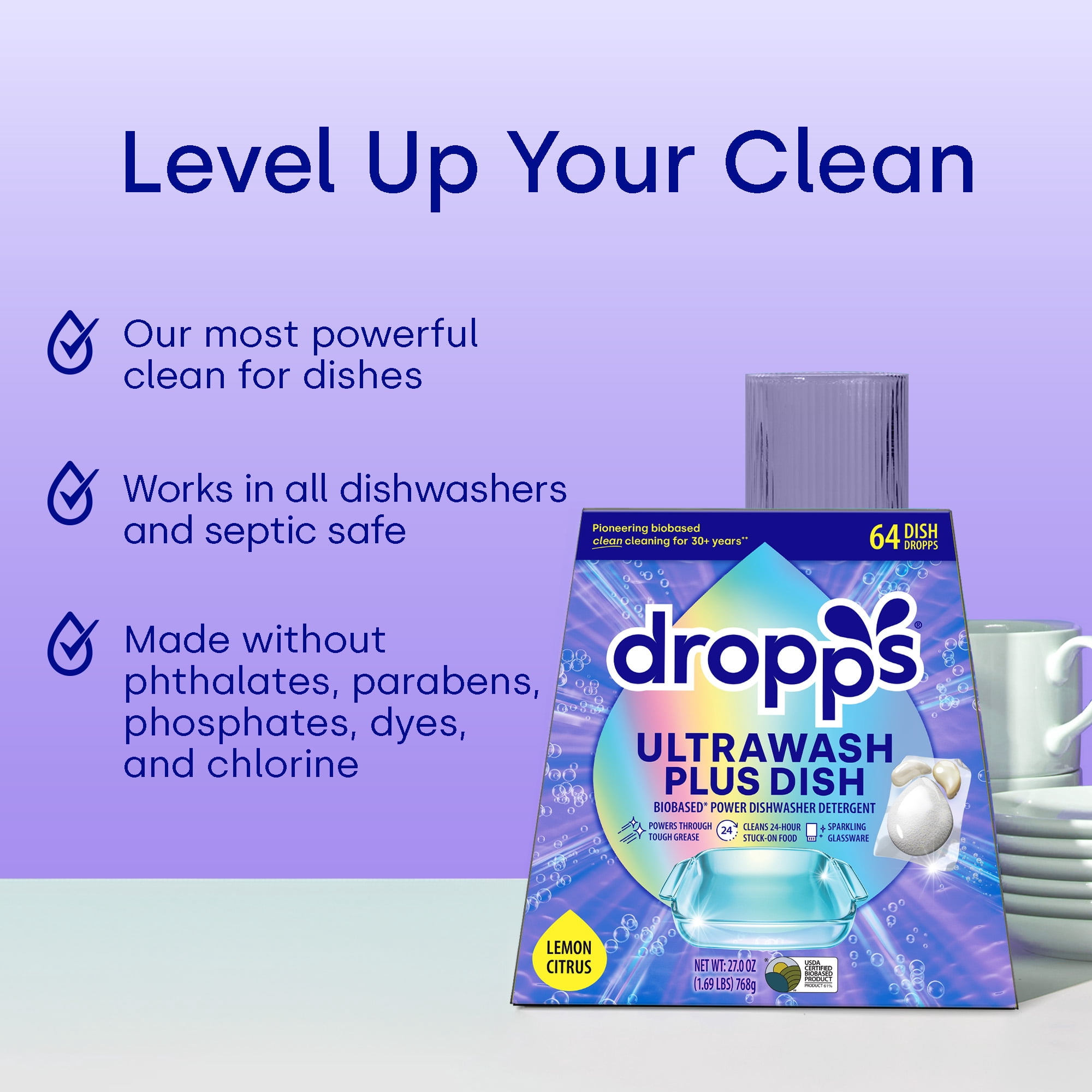 Dropps Dishwasher UltraWash Plus Detergent Pods, Biobased, Lemon Citrus, 64 Ct