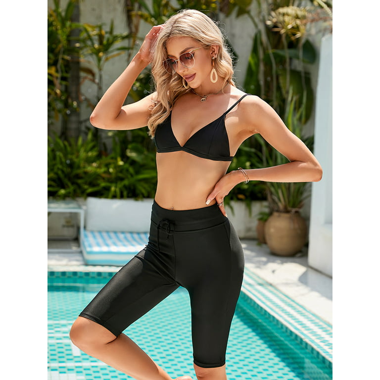 FOCUSSEXY Women's Long Swim Shorts Plus Size Swimming Board Shorts High  Waisted Tummy Control Capri Legging Bathing Suit Bottoms
