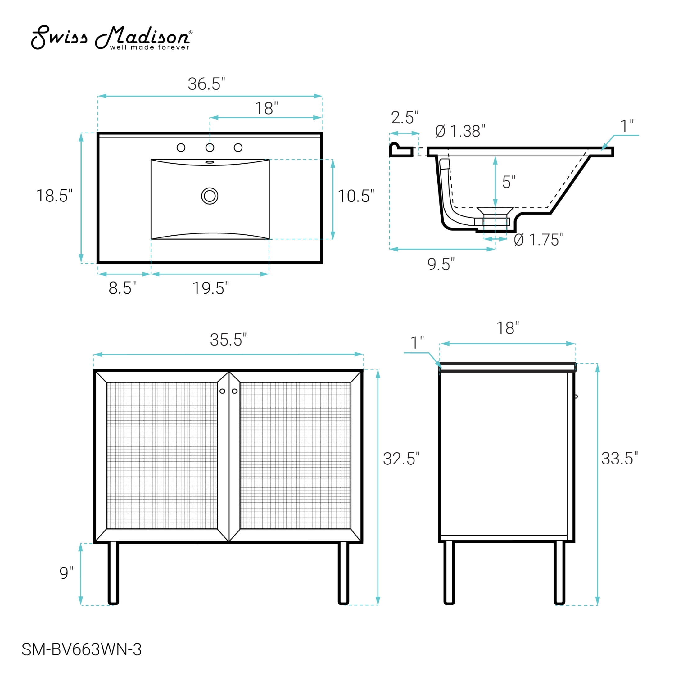 Classe 36" Freestanding Bathroom Vanity in Brown Oak with 3-Hole Widespread Sink Top