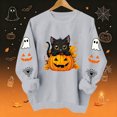 thumbnail image 2 of Cute Halloween Sweatshirt Women Black Cat Pumpkin Sleeve Graphic Print Crew Neck Long Sleeve Pullover Oversized Fleece Lined Fall Top for Spooky Season Holiday Party and Casual Outfits, 2 of 8