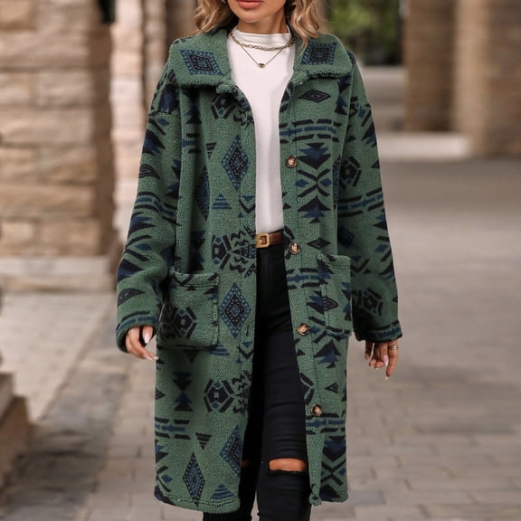 Rciityk Fleece Winter Coats for Women Casual Fashion Vintage Printed Single Breasted Lapel Long Jackets Warm Long Sleeve Trench Outwear with Pockets