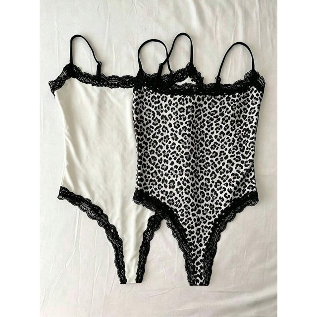 Bodysuit Mujer 2 Piezas Estampado Leopardo Y Blanco Con Encaje Negro