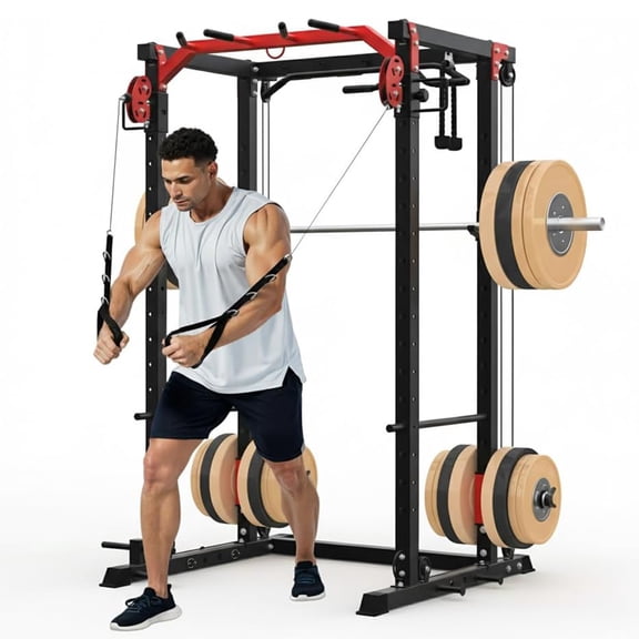 Memoryfield Power Cage with Cable Crossover System, 2000 lbs Capacity Power Rack with LAT Pulldown, Multi-Function Workout Cage with Pulley System for Strength Training, Red