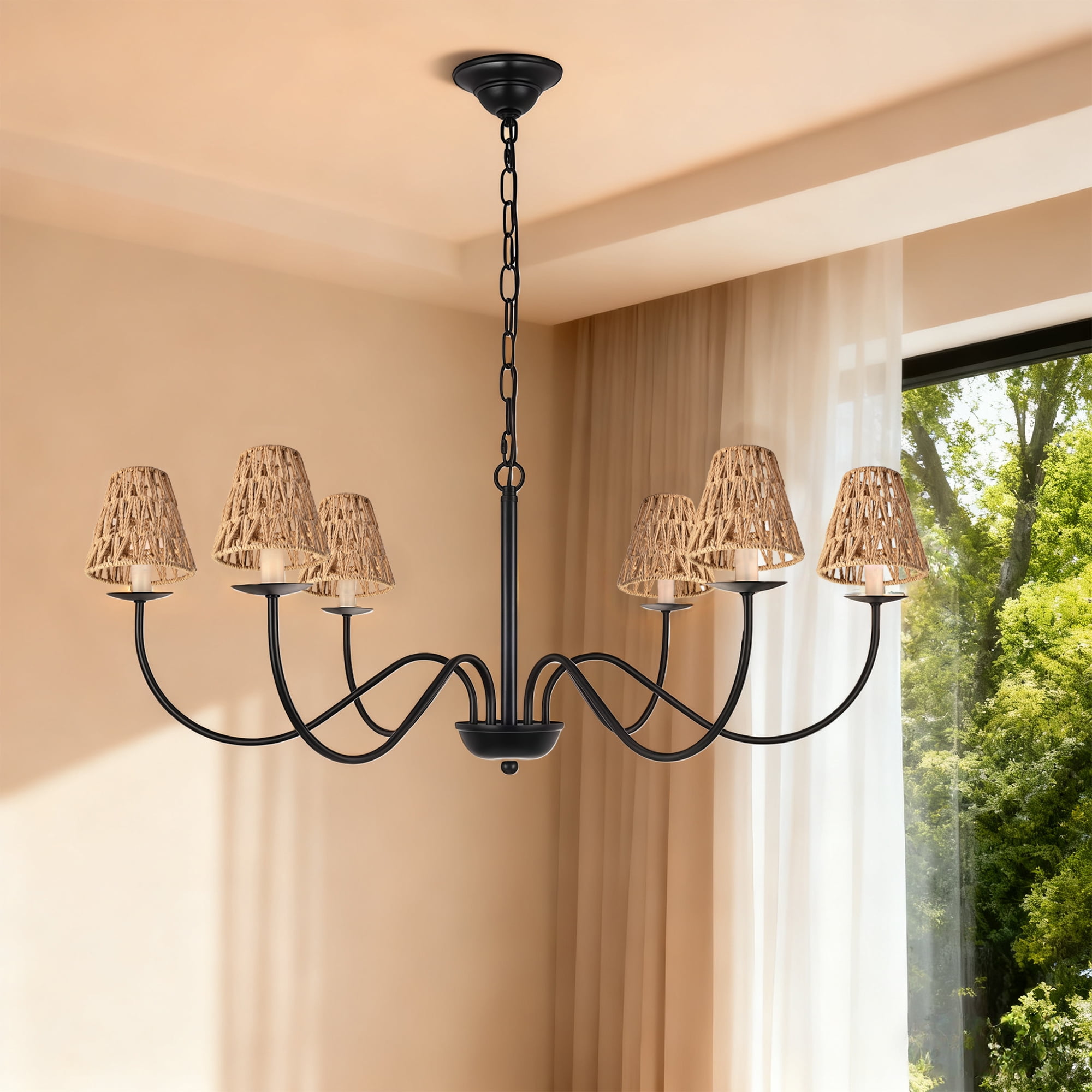 Set of 6 Boho Clip On Chandelier Shades, Mini Handwoven Rattan Style for E12 Bulbs, Natural Hemp Rope for Wall Sconce & Table Lamps