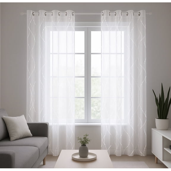 Deconovo White Sheer Curtains for Living Room, 52x84 inch, 2 Panels, Grommet Top, Silver Dot Print