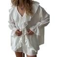 thumbnail image 3 of Women 2 Piece Outfits V Neck Ruffle Tie Front Blouse Tops Lounge Sets White M, 3 of 9