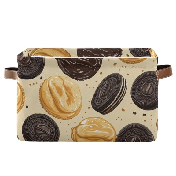 WOBOGO Oreo Cookies Square Storage Basket with Waterproof Canvas and PE Lining Durable PU Leather Handles 14.2×10.2×8.3in