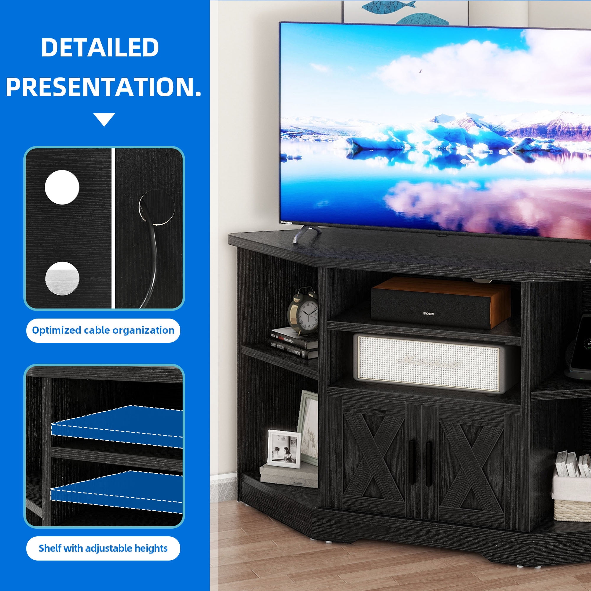 Uforic Farmhouse Corner TV Stand for TVs up to 55 inch with Power Outlet, Wood Entertainment Center with Storage, Black