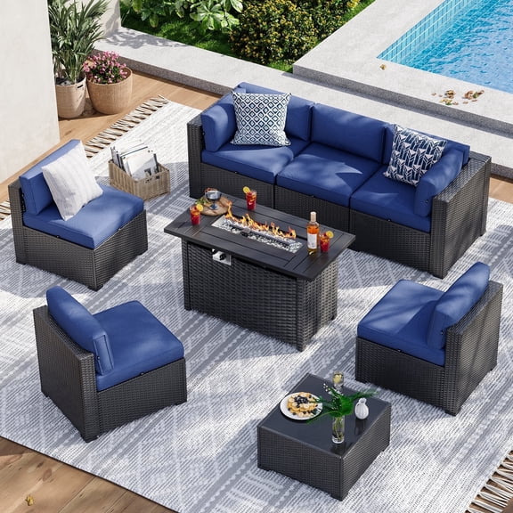 Sunmthink 8 Piece Patio Furniture Set with 44” Fire Pit Table Wicker Rattan Patio Sectional Sofa Set Outdoor Seating Furniture with Thickened Cushion, Navy Blue
