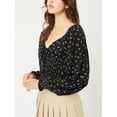 thumbnail image 3 of Women Sweetheart Neckline Long Sleeve Smocked Floral Jersey Blouse Top, 3 of 5