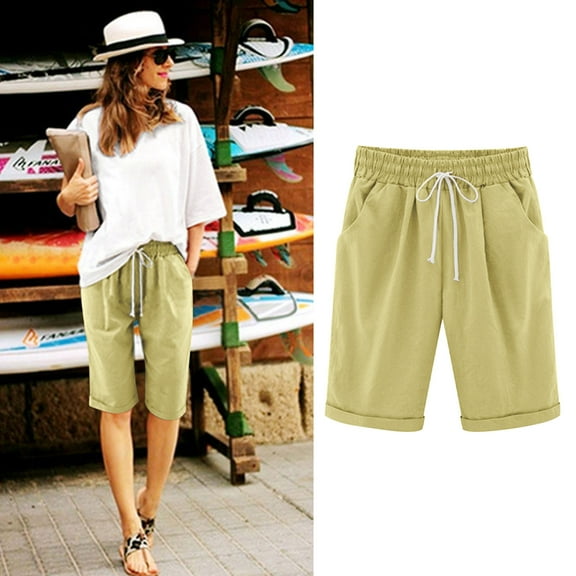 SBYOJLPB Women's Bermuda Shorts Jersey Shorts with Pockets Yoga Walking Athletic Long Shorts for Women Knee Length Yellow 10(XL)