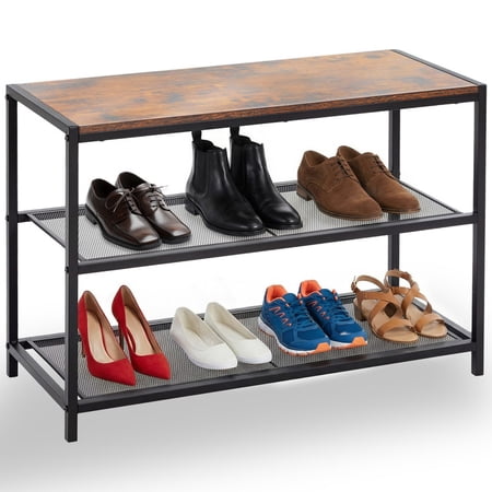 Gianna 3-Tier Shoe Bench with Storage, Industrial Entryway Sturdy Shoe Rack Organizer Bench with Mesh Shelves for Entryway, Hallway & Living Room, Easy Assembly, Brown