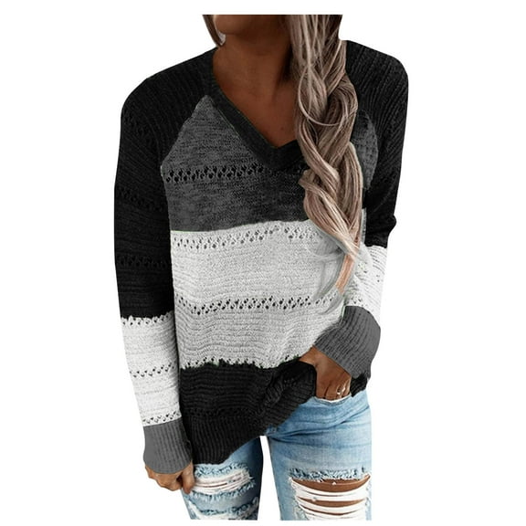 asdoklhq Womens Plus Size Tops, Women Casual Patchwork V-Neck Long Sleeves Sweater Blouse Tops