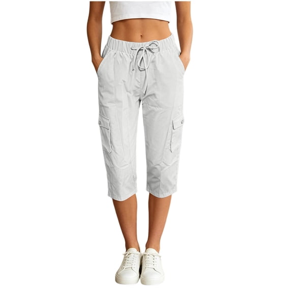 MHOSTAFH Women's Drawstring Cargo Capris Lightweight Straight Leg Casual Cropped Trousers Hiking Work Summer Capris with Pockets