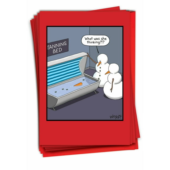 12 Funny Merry Christmas Cards Bulk (1 Design, 12 Cards) - Snowman Tanning Bed B2490XSG