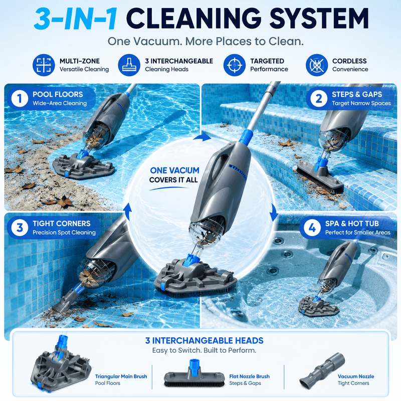Hot Tub Vacuum, Cordless Handheld Pool Vacuum for Above Ground Pool | Up to 6.6 ft Pole, 15 GPM Powerful Suction, 2 Brush Heads, 2 Filter Bags, 60 Min Runtime, Design for Spa, Hot Tub, Small Pool