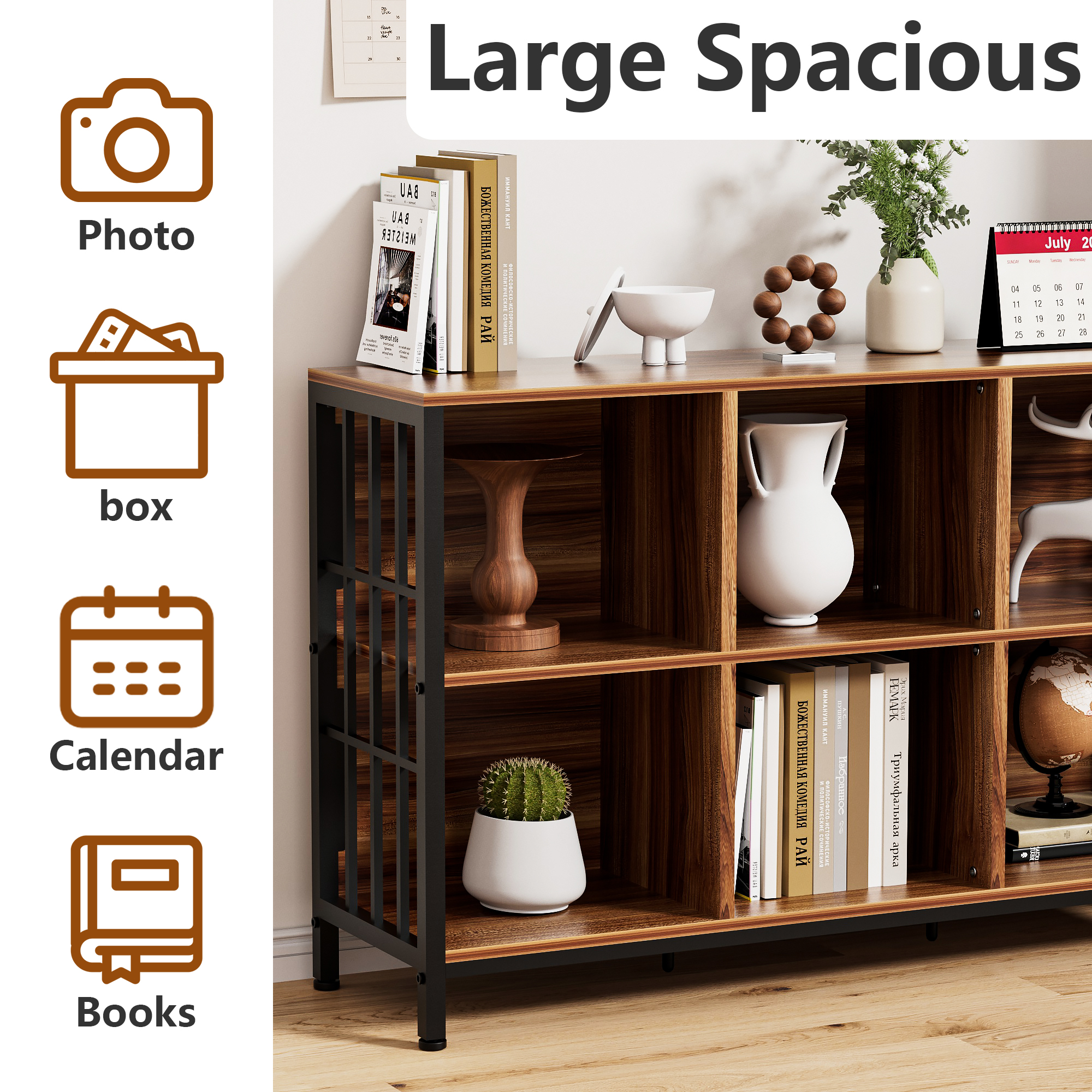 HOHYN Farmhouse 3 Tier Open Book Shelf, Wood and Metal 6 Cube Storage Organizer, Modern Low Horizontal Bookshelf for Bedroom Family, Long Wide Office Cubby Bookcase with Storage, Rustic Brown