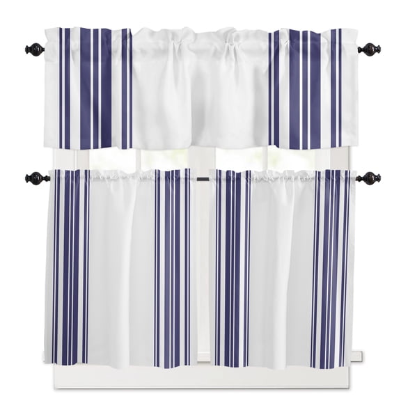 Navy Blue Striped Kitchen Curtains and Valances Set, 3 Piece Kitchen Curtains Set 36 Inch Length, Modern White Striped Abstract Art Aesthetics Rod Pocket Curtains Tier Farmhouse Window Curtains