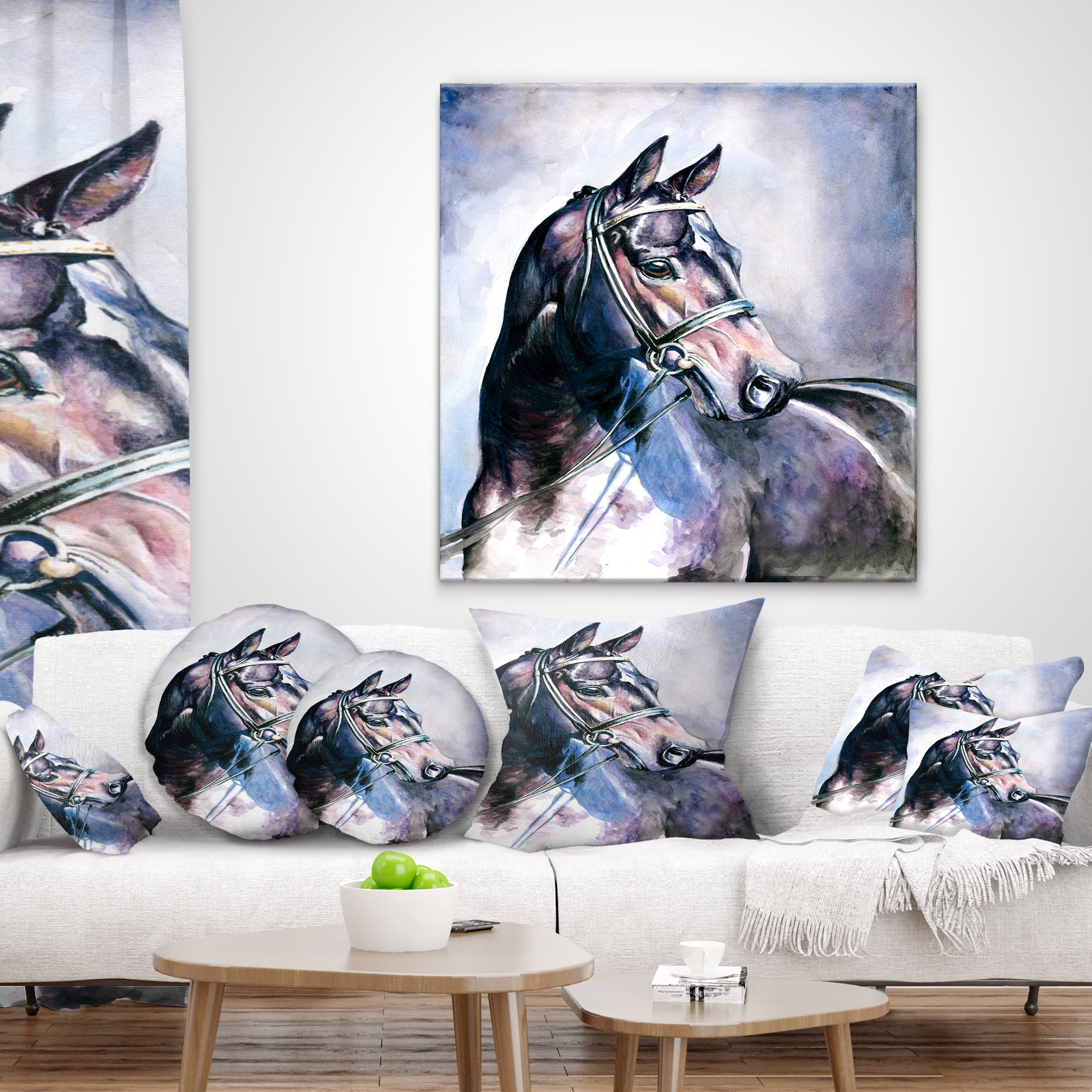 Designart Black Horse with Bridle - Abstract Throw Pillow - 18x18