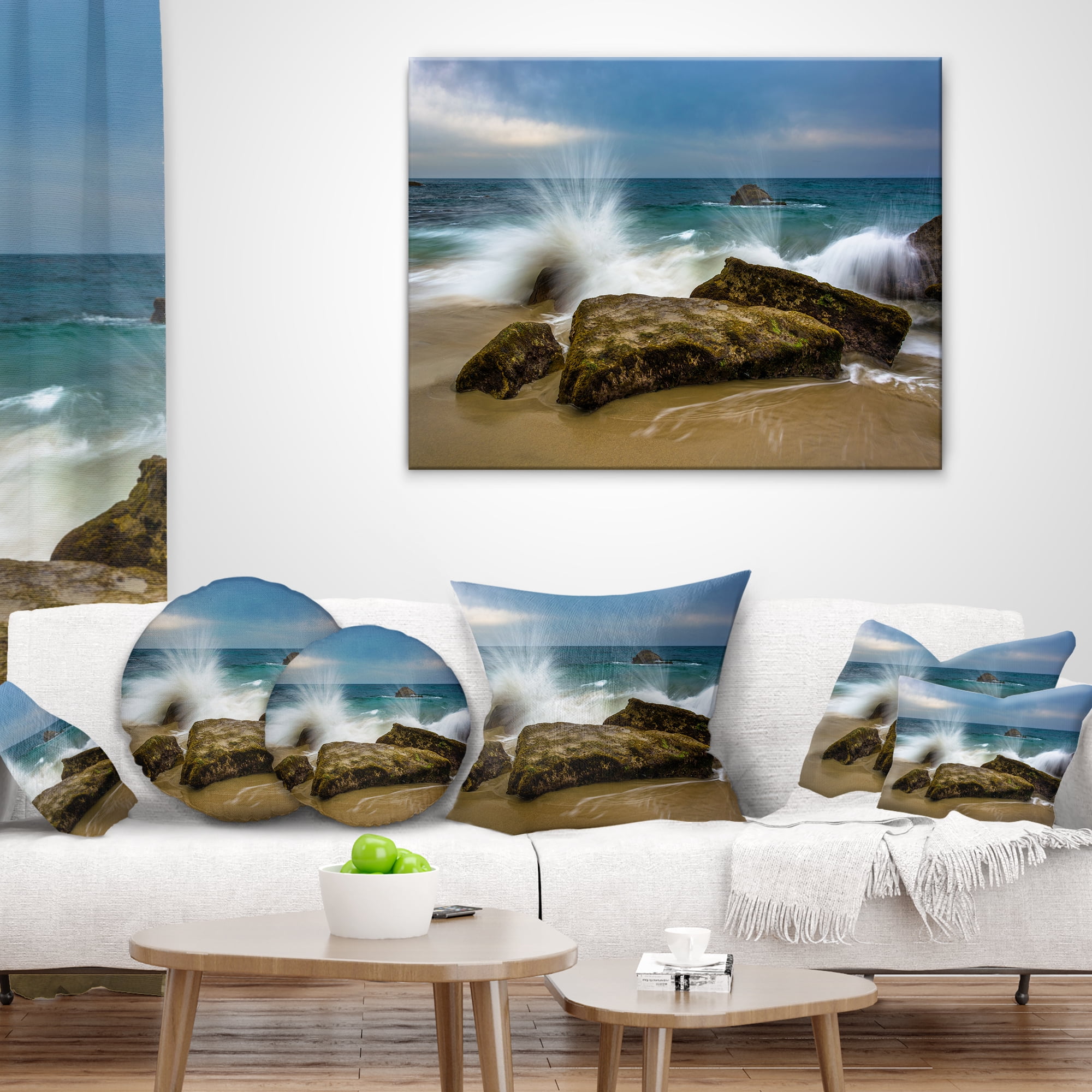Designart Waves Crashing Rocks at Woods Cove - Seascape Throw Pillow - 12x20