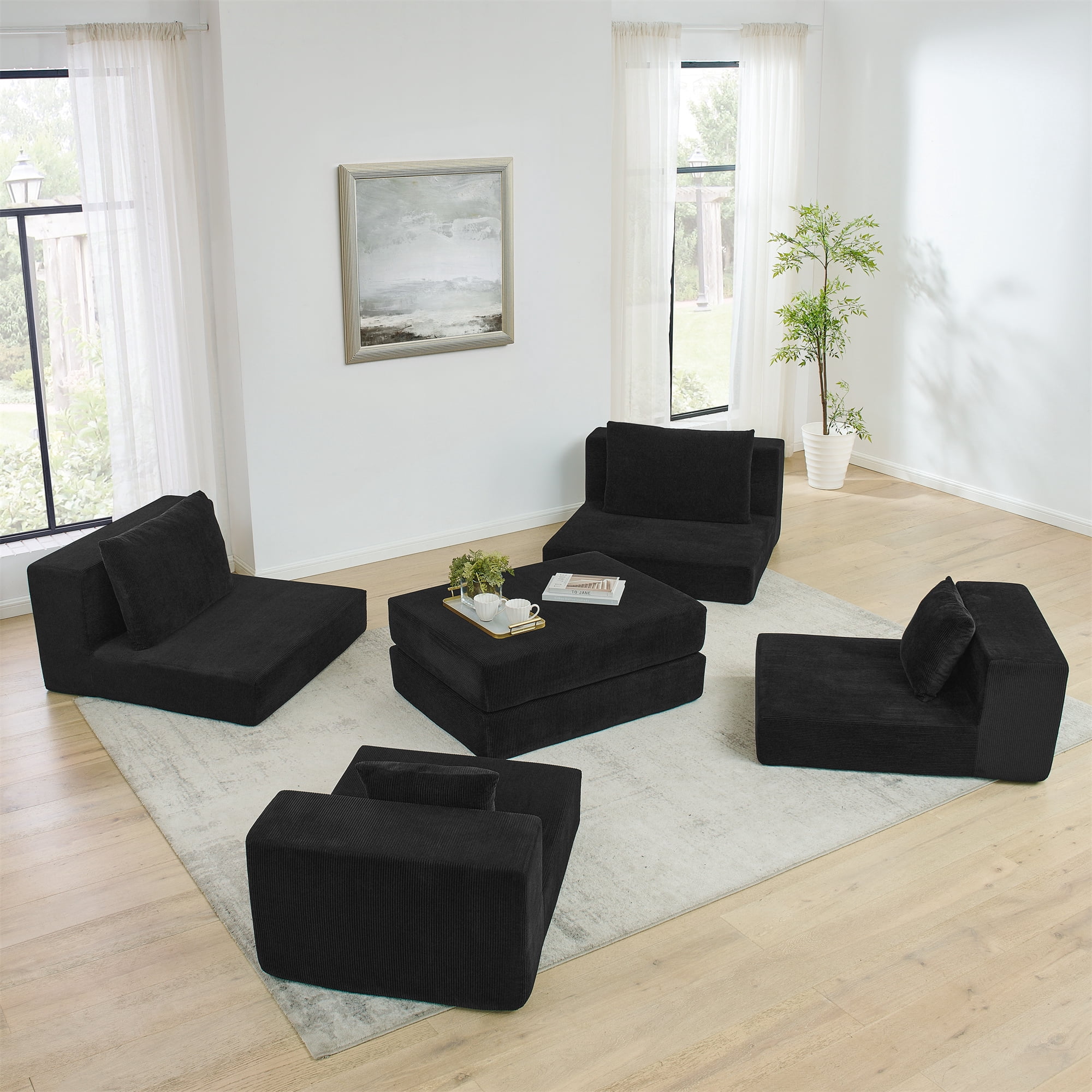 Miniyam 3 Seats Modular Sectional Sofa, Configurable Corduroy Cloud Couch with Pillows & Ottoman,No-Tools Assembly, for Living Room, Black