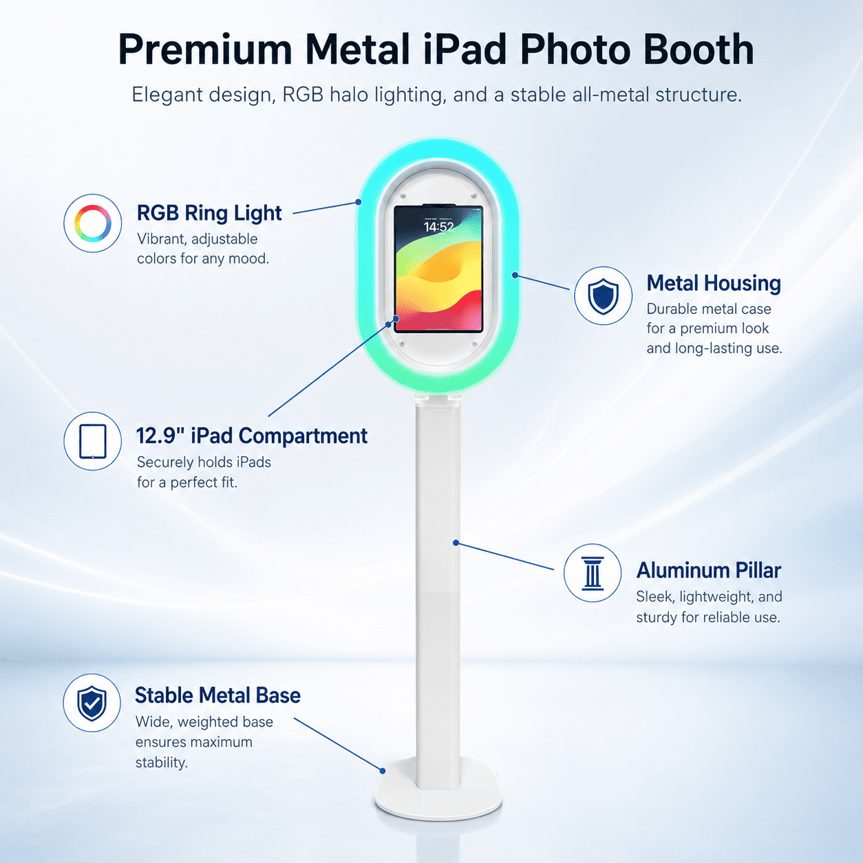 Portable iPad photo booth with flight case, metal selfie stand, and RGB ring light, perfect for parties, weddings, and rental businesses - compatible with 10.2-inch to 13-inch iPads.