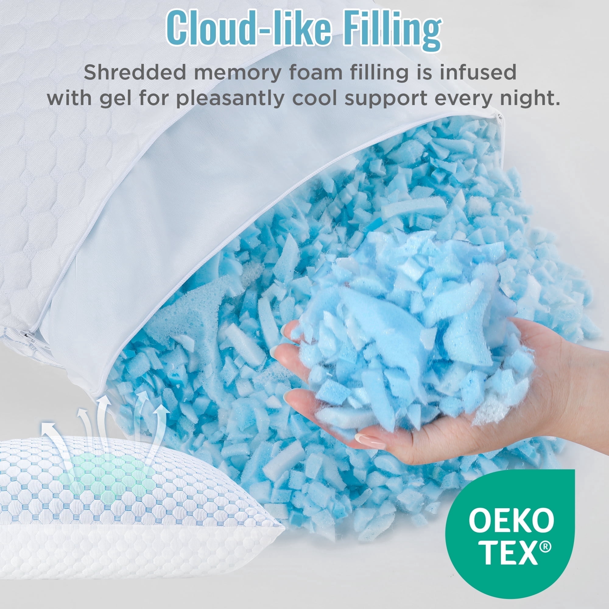 Adjustable Cooling Memory Foam Pillow for Sleeping, Breathable Shredded Foam Bed Pillow with Washable Cover, Soft Support Pillow for Side Back Stomach Sleepers, Ideal for King Size Mattresses