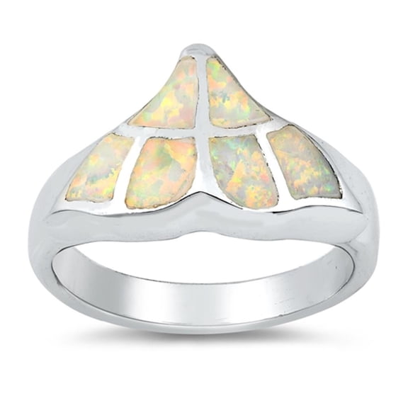 White Simulated Opal Whale Tail Dolphin Ring .925 Sterling Silver Band CZ Jewelry Female Size 9
