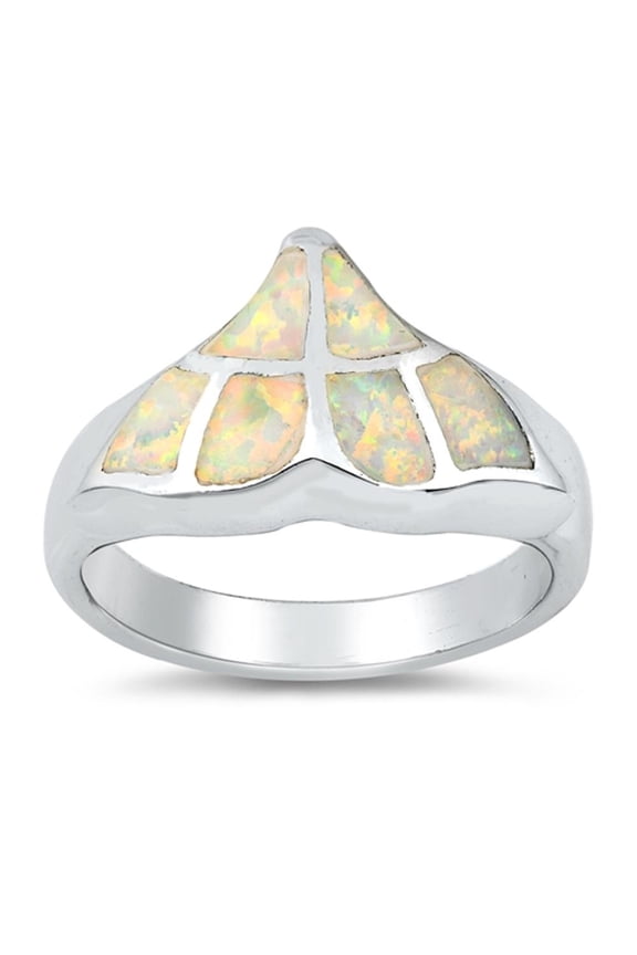 White Simulated Opal Whale Tail Dolphin Ring .925 Sterling Silver Band CZ Jewelry Female Size 8