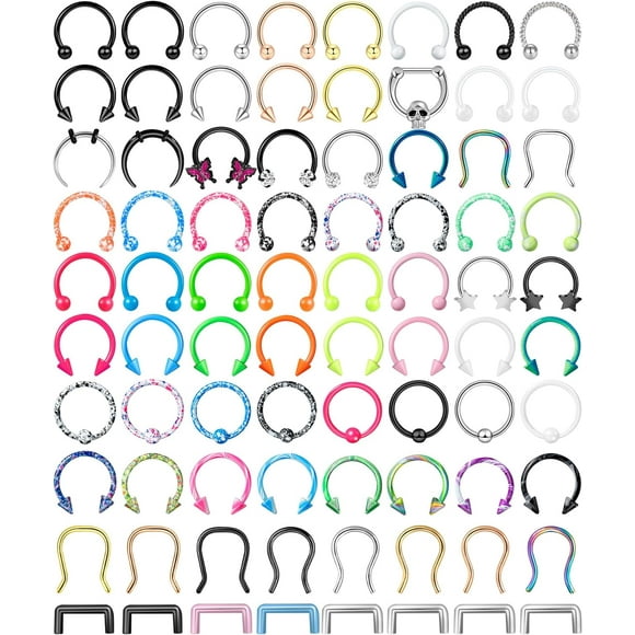 Woeilo 53-80 Pcs Septum Rings 16g, Septum Rings for Women Septum Piercing Jewelry Horseshoe Nose Hoop Rings Lip Tragus Cartilage Earrings Stainless Steel Body jewelry 10mm MixcolorD-80 Pcs