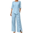 thumbnail image 2 of Puyaiuu Womens Solid Wrinkle Fabric 2 Piece Outfit Asymmetric Button Top High Slit Wide Leg Pants Summer Casual Vacation Set Blue XXXXL Gift, 2 of 7