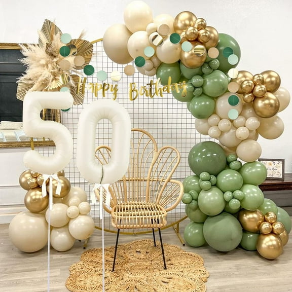 GEEKEO 50th Birthday Decorations, Sage Green Gold Birthday Party Decorations for Men Women, Green and Beige Birthday Party Supplies, Happy Birthday Banner, Paper Pompom Flowers for 50th BDay Party