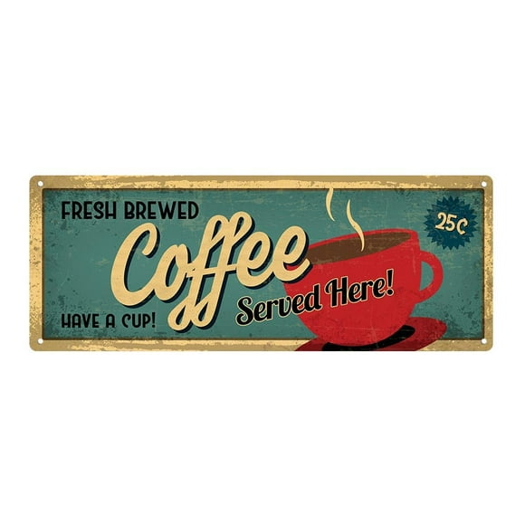 Homebody Accents – Vintage Bar Wall Sign, Fresh Brewed Coffee Served Here Metal Sign, 4"x12", Bar Decor for Kitchen, Coffee Station, Office, or Café – Made in USA