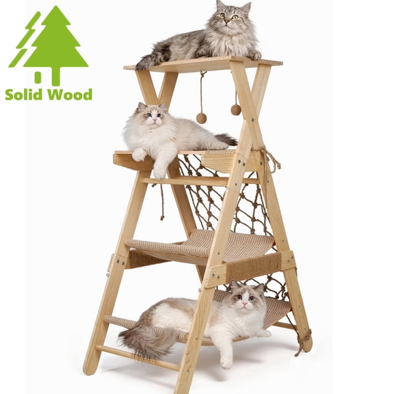 VGBYUJ Cat Tree Tower for Large Cats, 43.3" Multi-Level Wooden Cat Hammock & Sisal Scratching Posts Cat Condo, Outdoor Indoor Activity Center