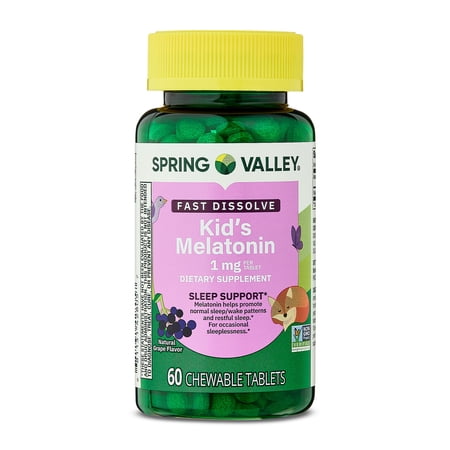 Spring Valley Kids Melatonin Chewable Tablets Sleep Support Dietary Supplement, Grape Flavor, 1 mg, 60 Count