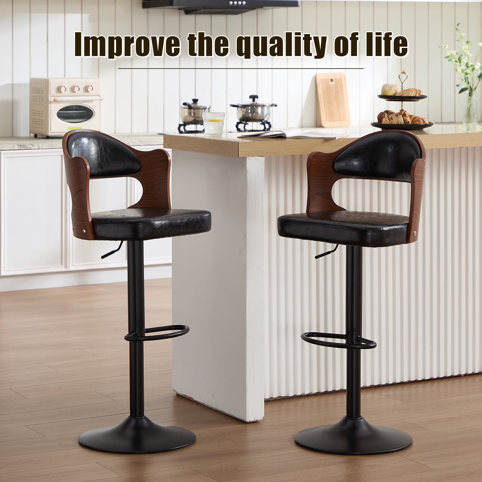 Homefun Swivel Bar Stools Set of 2,Wooden Upholstered Scratch-Resistant Fabric with Back,Chairs for Kitchen Island,Black