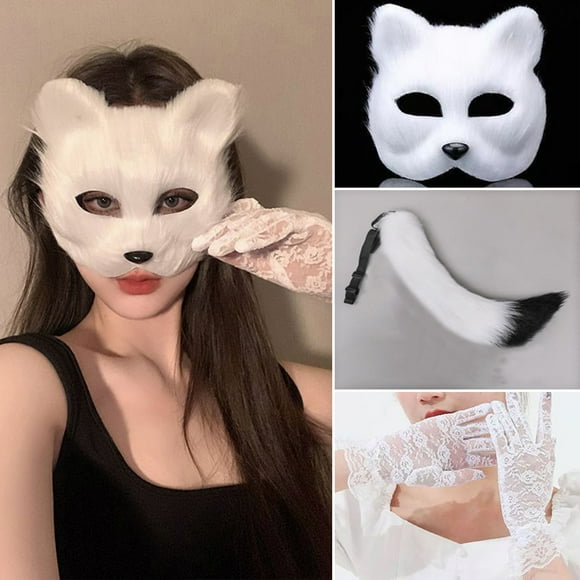 Fox Face Cushion Furry Animal Face Cushion Tail Gloves Set Girls Masquerade Cosplay Party Dress Up Costume Prop
