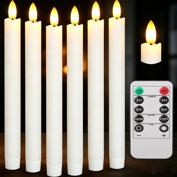 YEAHOME 6 Pcs Flameless Taper Candles with Remote Timer Dimmer, 11 inches White Taper Candles Battery Operated, Plastic LED Candlesticks with Flickering Flame