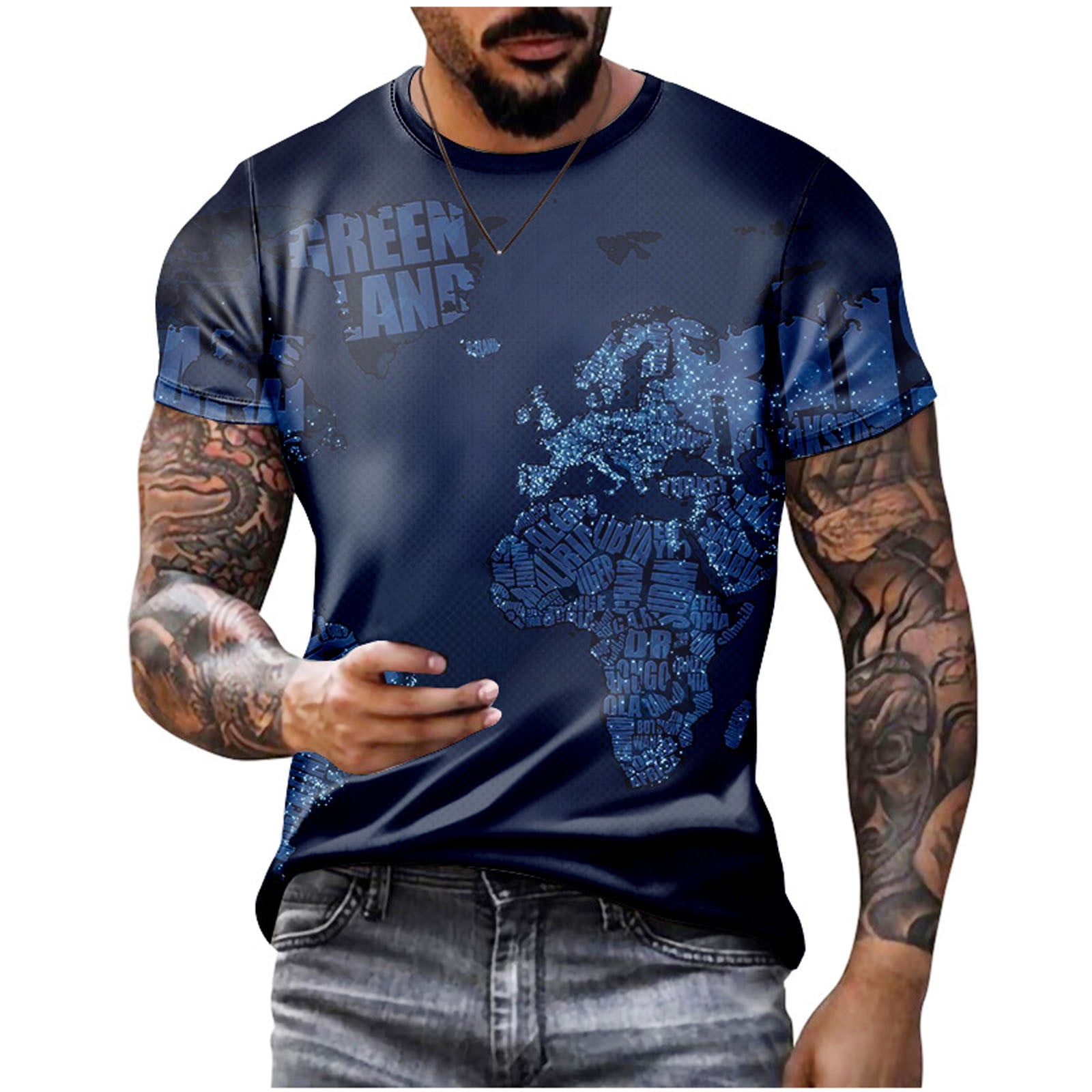 VSSSJ Fashion Shirt for Men Oversized Fit 3D World Map Print Short Sleeve  Crewneck T-Shirt Comfortable Summer Stylish Lounging Blouse Top Black XXL 