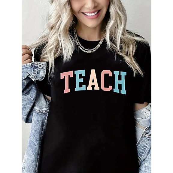 Women Teacher T-Shirt Teach Graphic Shirt Casual Loose Short Sleeve Crew Neck Top