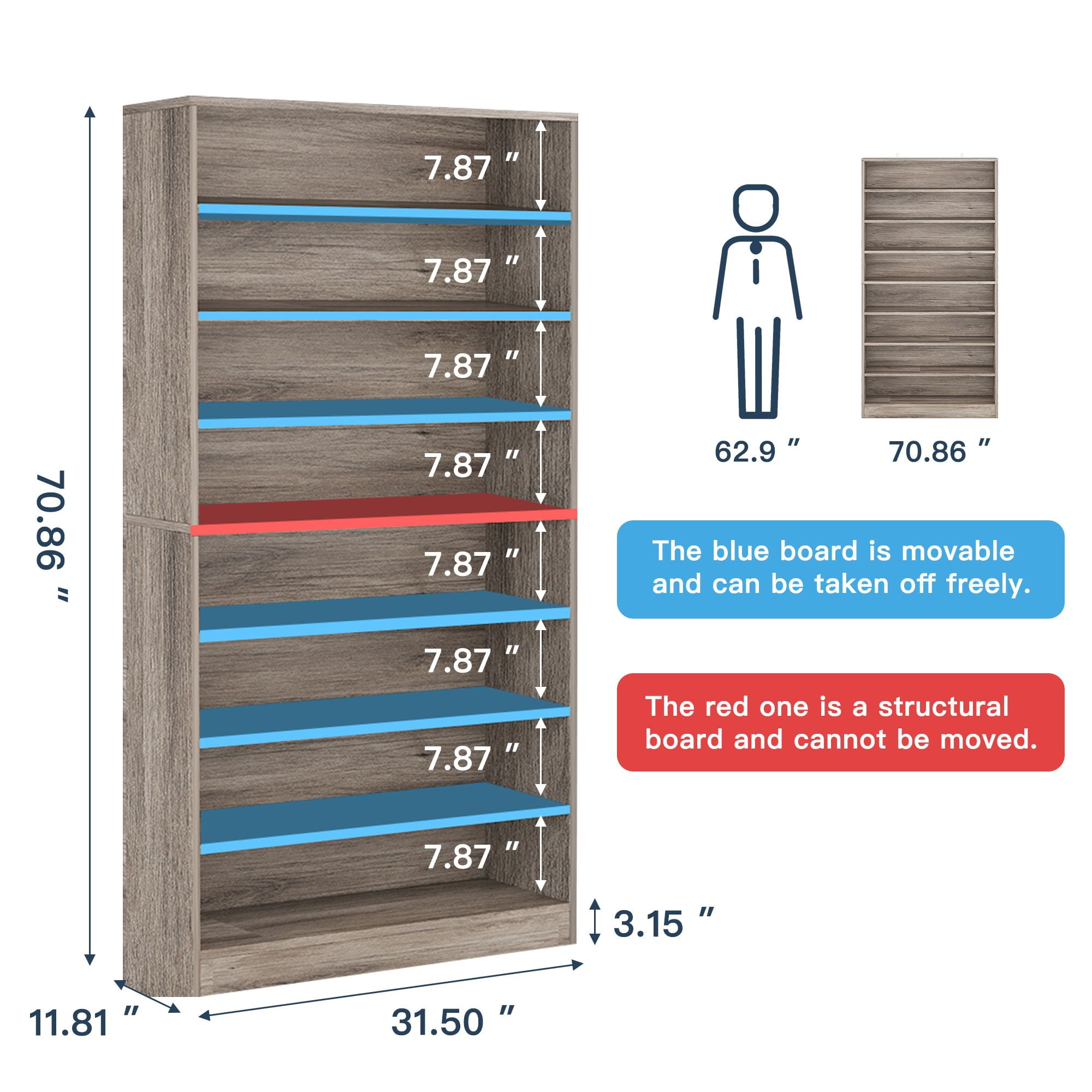 Demi Bonn Wooden Shoe Rack 9-Tier Shoe Storage Organizer Entryway Shoe Shelf, 40-45 Pairs Freestanding Shoe Cabinet, Gray