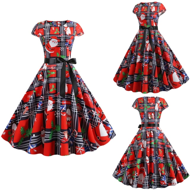 FcBaudy Robe Sans Manches à Col Rond, Robes d'Été pour Femmes, Robes pour Femmes Robe Vintage à Imprimé Sans Manches de Noël pour Soirée et Fête Robe Femme