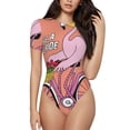 thumbnail image 1 of Bingfone Flamingo Riding a Bicycle Pattern Women's Round Neck Bodysuit, Tight Snap Button Short Sleeve Bodysuit, Suitable for Party, Sports, Daily Wear-XX-Large, 1 of 7