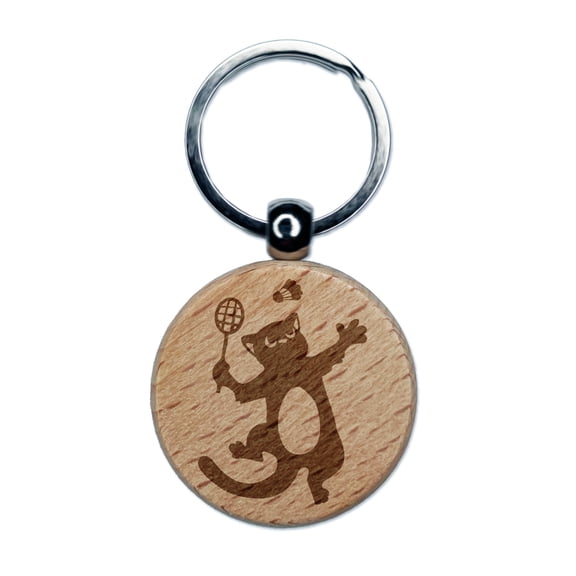 Cat Playing Badminton Round Keychain Charm Tag - Engraved Wood