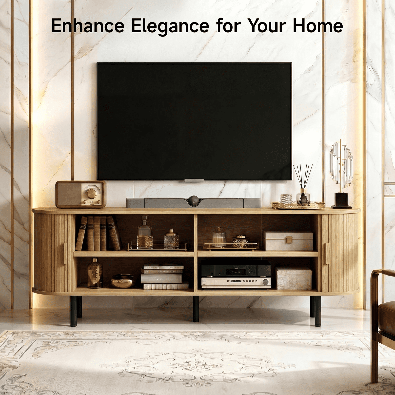 ROGALIS 63 Inch TV Stand with Built-in Power Outlet, Compatible with TVs Up to 70 Inches, Modern Entertainment Center with Adjustable Shelves, Storage Space, and Sliding Doors, Oak